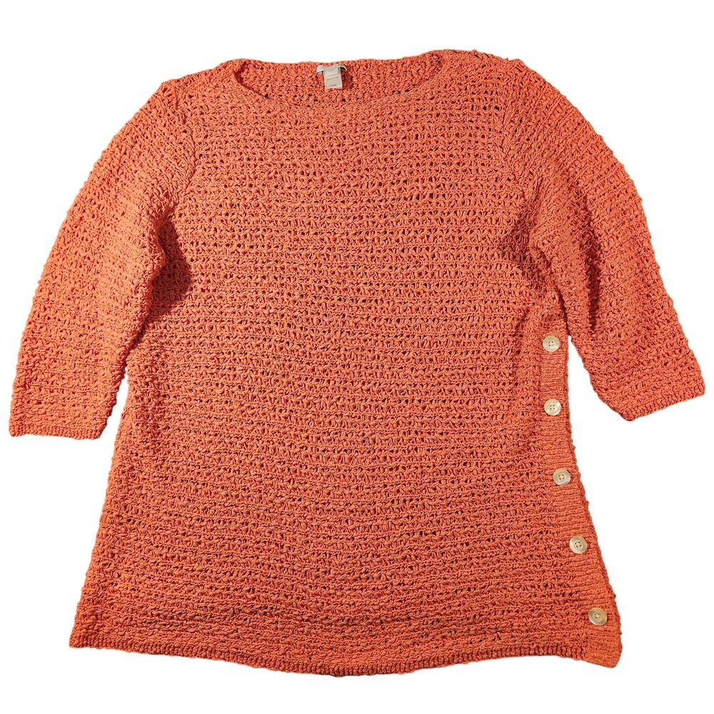 J Jill Sweater Womens Large Orange Cotton Crochet‎ Tunic 3/4 Sleeve Side Buttons